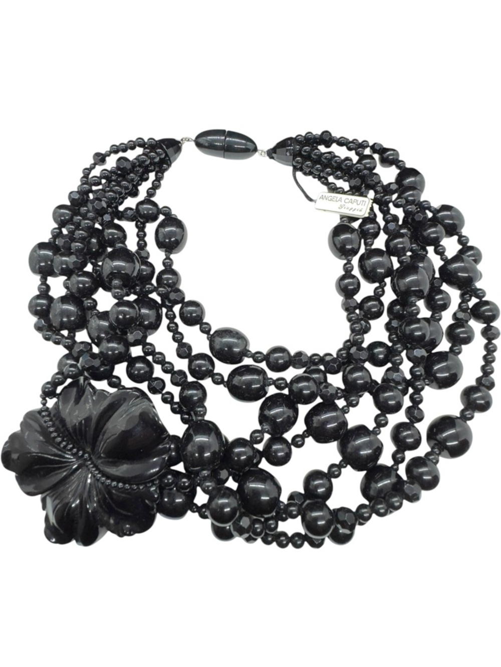 Angela Caputi Haute Couture Multi Strand Black Resin Bead & Flower Necklace